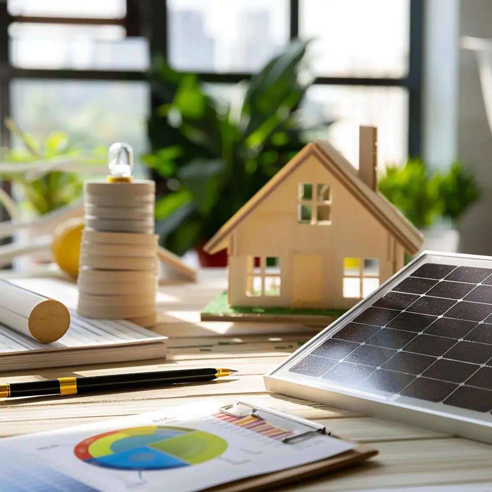 Planung eines Effizienzhauses – Holz-Hausmodell mit Solarmodul, Energiediagrammen und Planungsunterlagen auf dem Schreibtisch