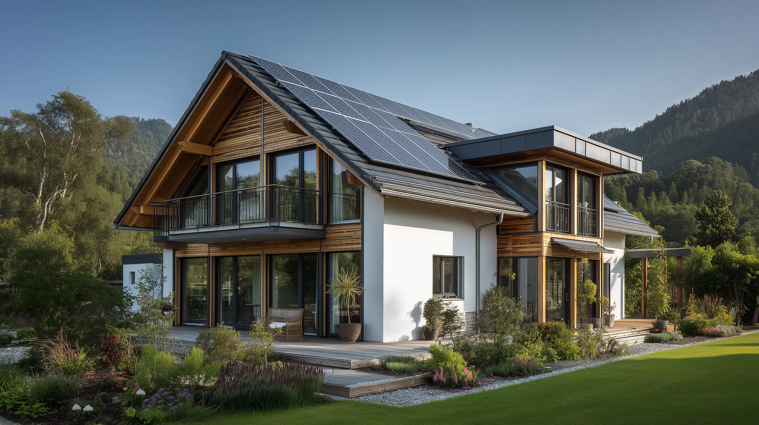 Energetisch saniertes Einfamilienhaus mit Solaranlage auf dem Dach, moderner Holz-Putz-Fassade und großen Fensterflächen im Grünen