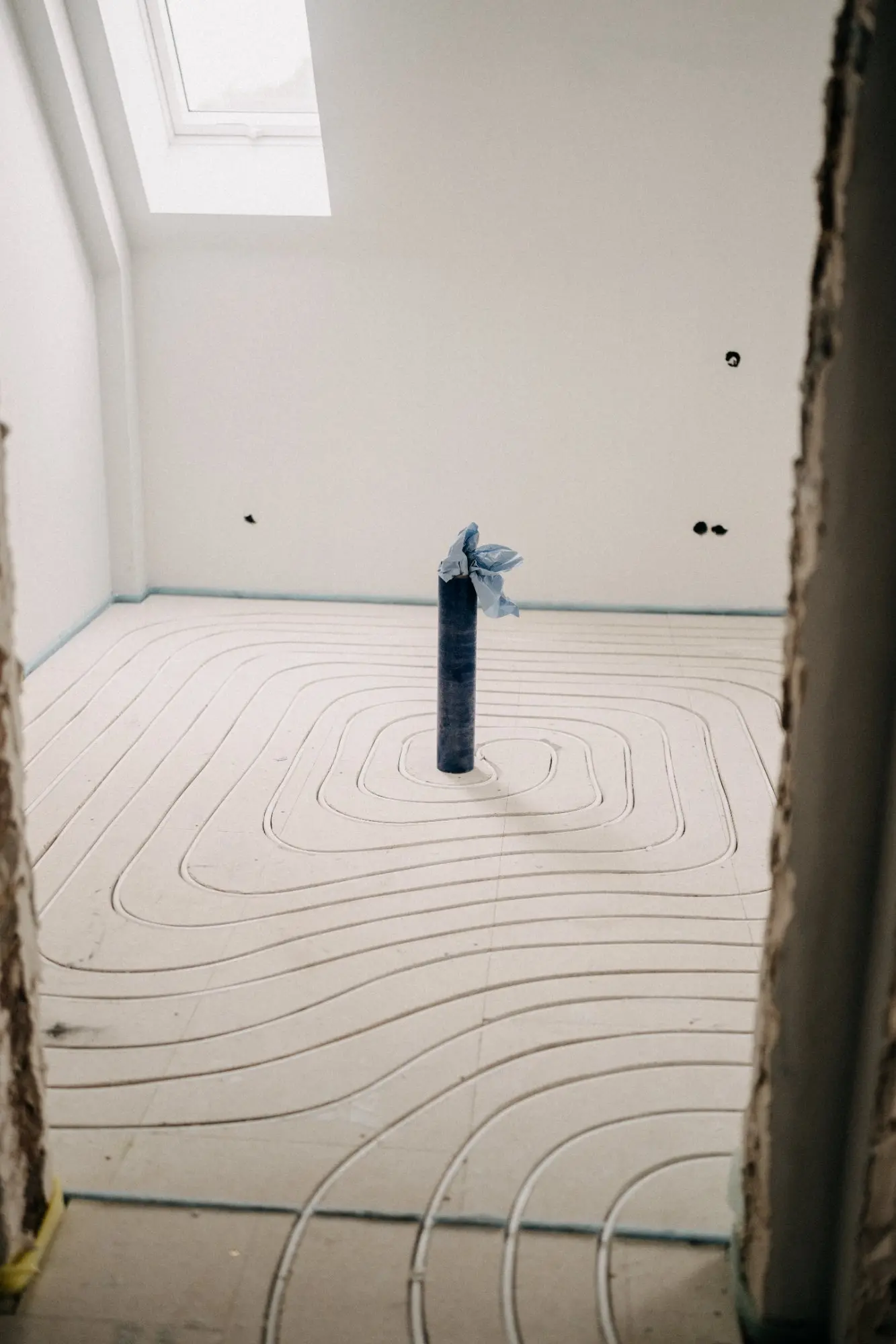 Verlegte Fußbodenheizung in einem Sanierungsprojekt von HQ Energieberatung – gleichmäßige Rohrführung im Dachgeschoss