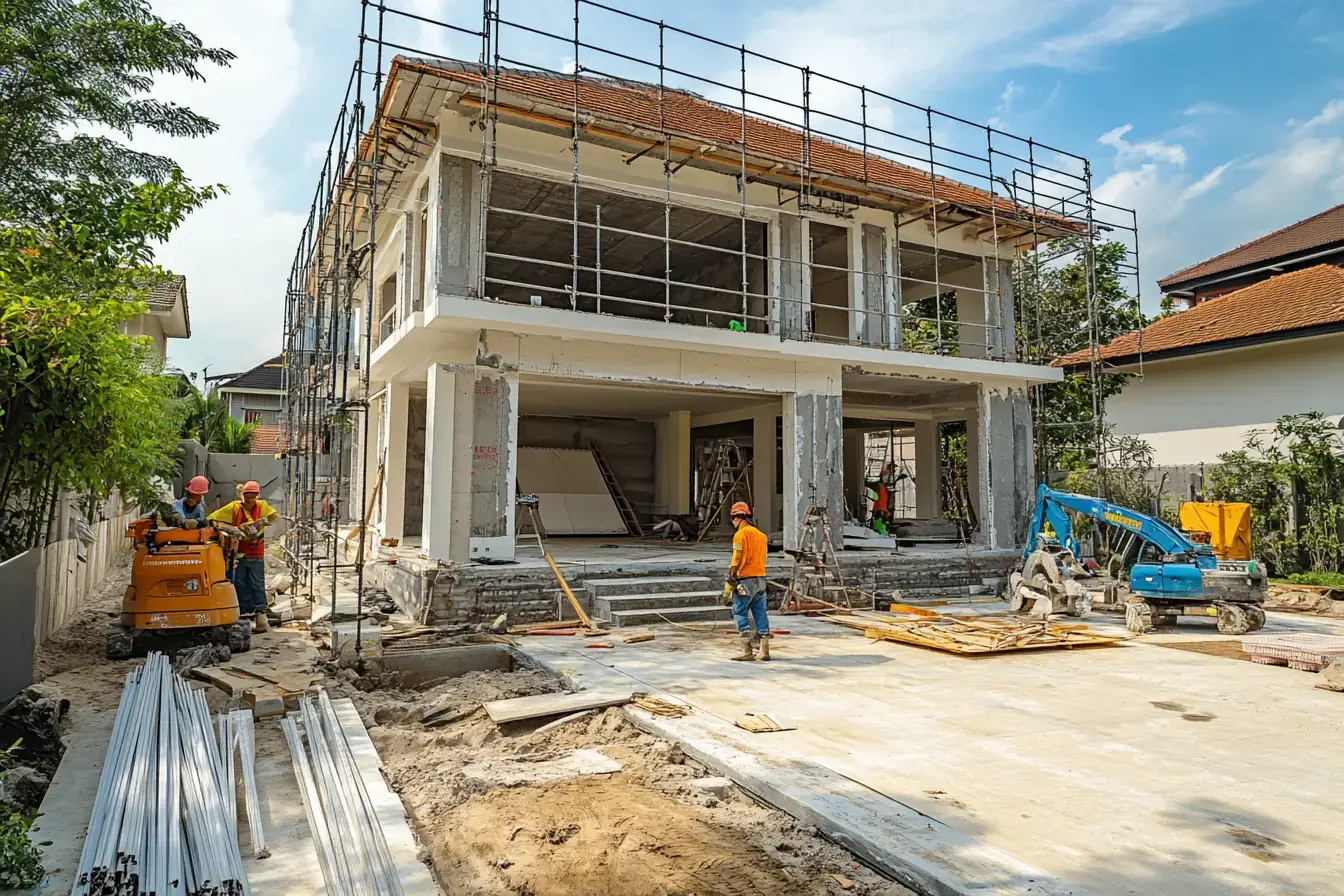 Einfamilienhaus während einer Komplettsanierung – Baustelle mit Gerüst, neuen Fenstern und laufenden Arbeiten am Rohbau
