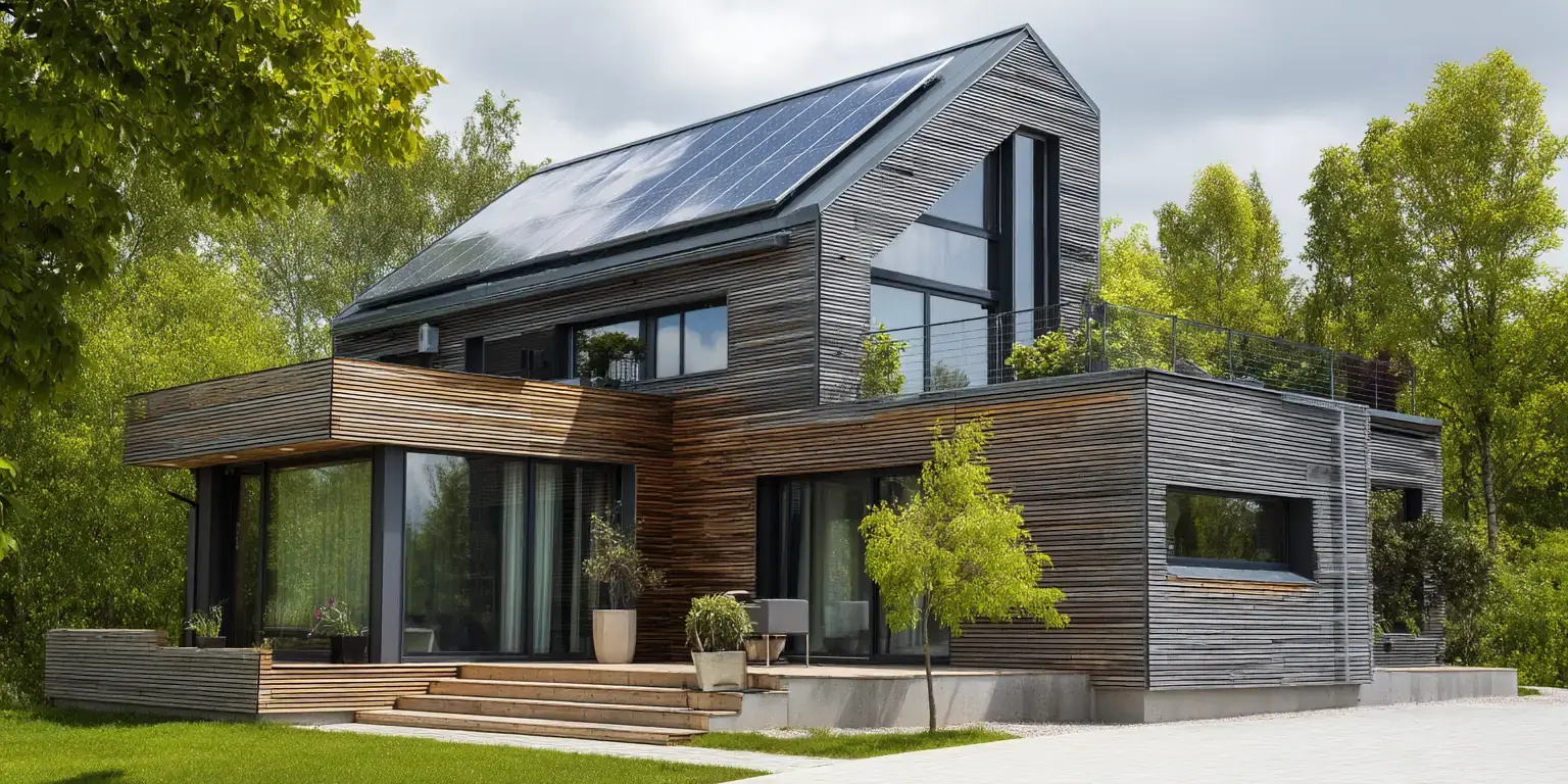Modernes Effizienzhaus mit Solaranlage auf dem Dach, Holz- und Steinfassade und großen Fensterflächen im Grünen